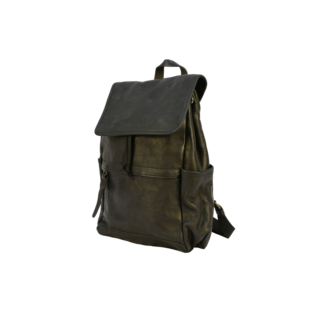 Brown modern rugged leather backpack on a wooden table with books and a globe in the background