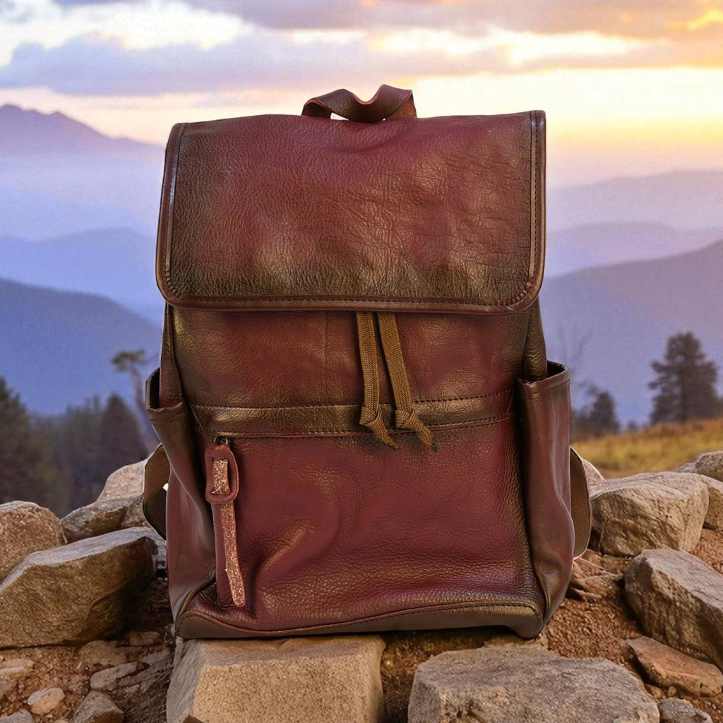 Purple modern rugged leather backpack on a rocky outcrop with a mountainous landscape and sunset in the background