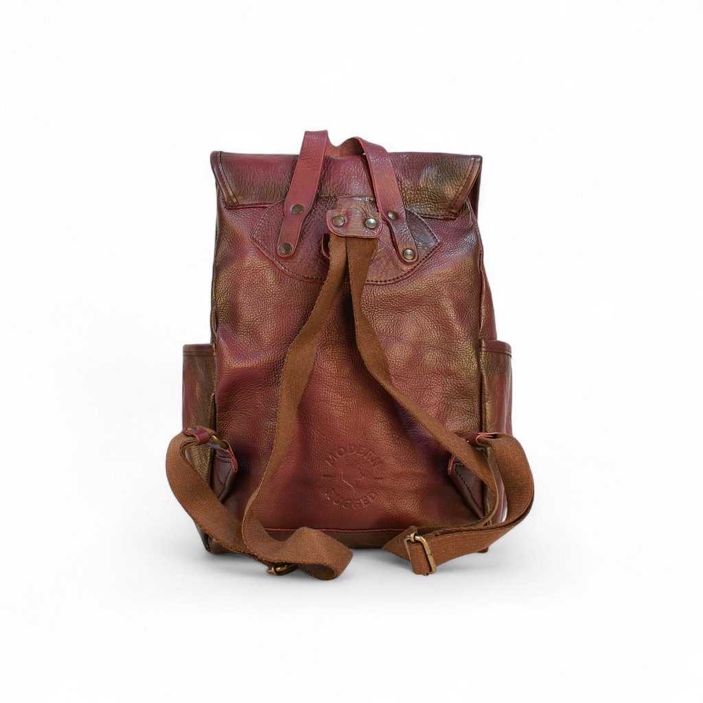 Purple modern rugged leather backpack on a rocky outcrop with a mountainous landscape and sunset in the background