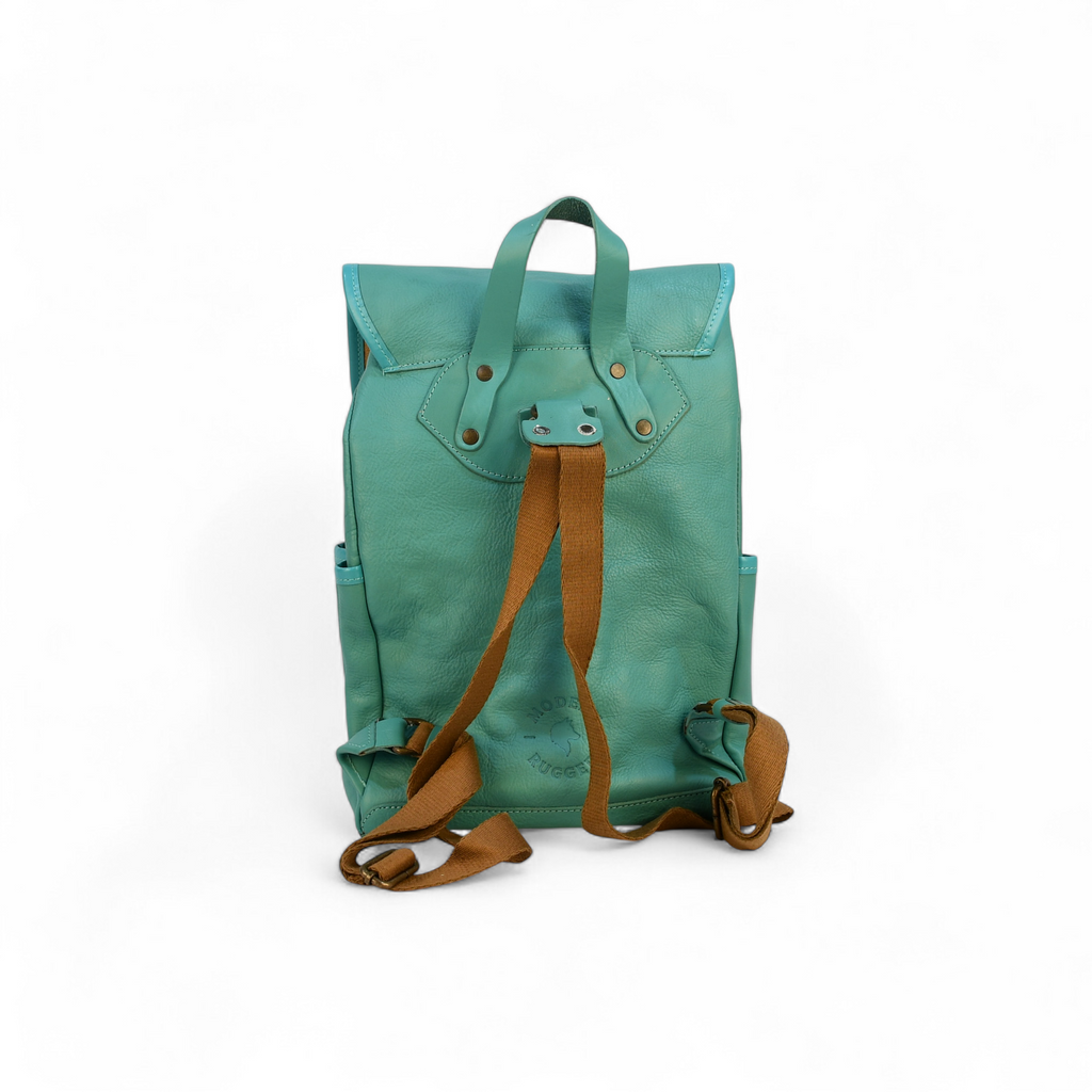 Green backpack with brown straps on a white background