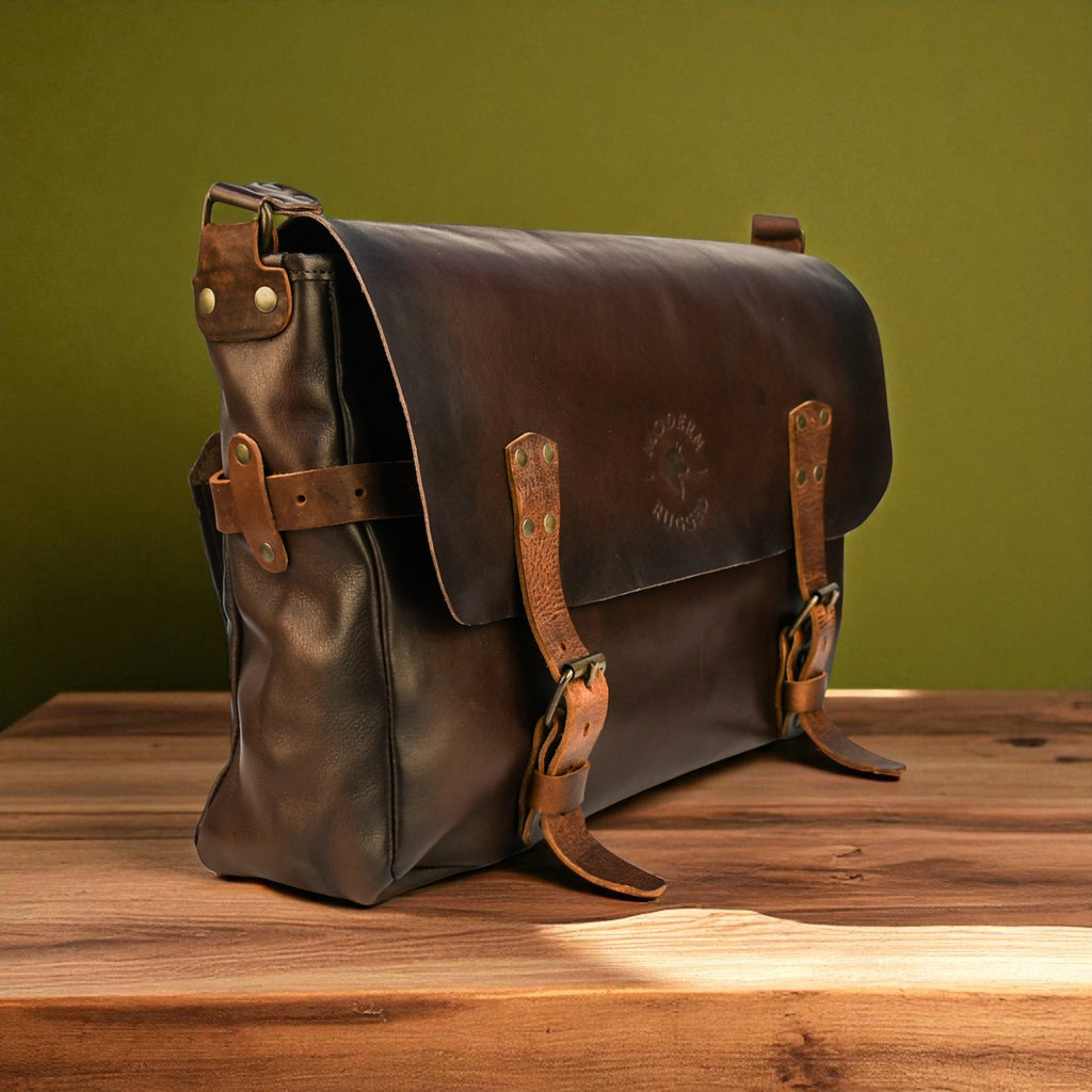 Bovine Leather Buckled Messenger Bag - Brown on a wooden table
