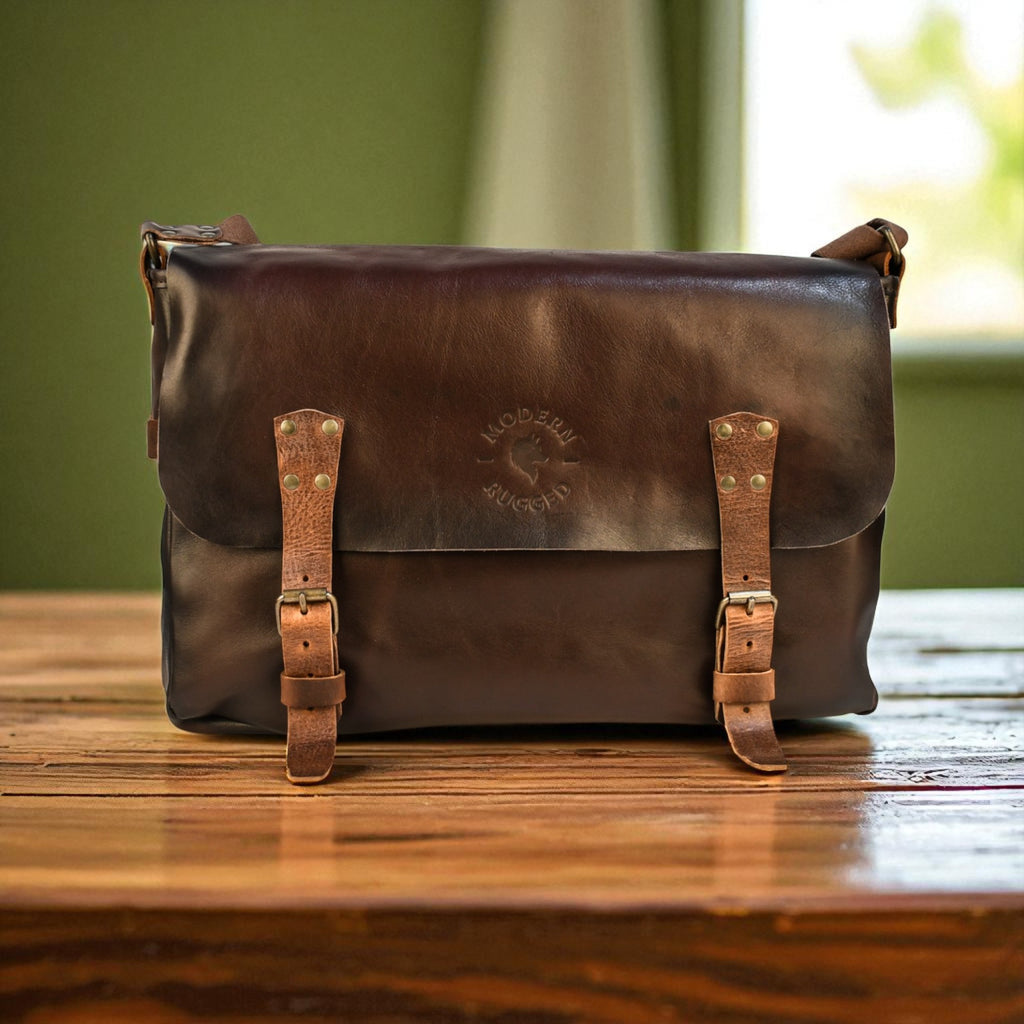 Bovine Leather Buckled Messenger Bag - Brown on a wooden table