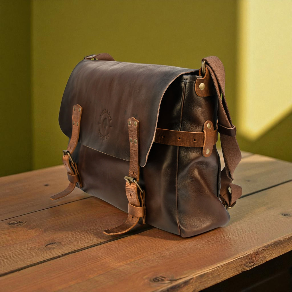 Brown leather messenger bag on a wooden surface with a green background