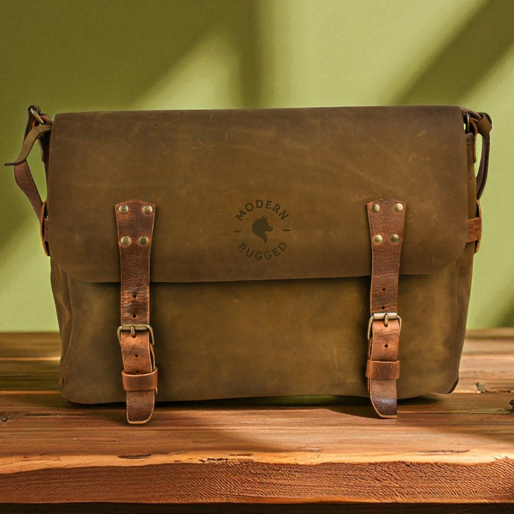 Brown leather bag with visible brand logo on a wooden surface with a green background