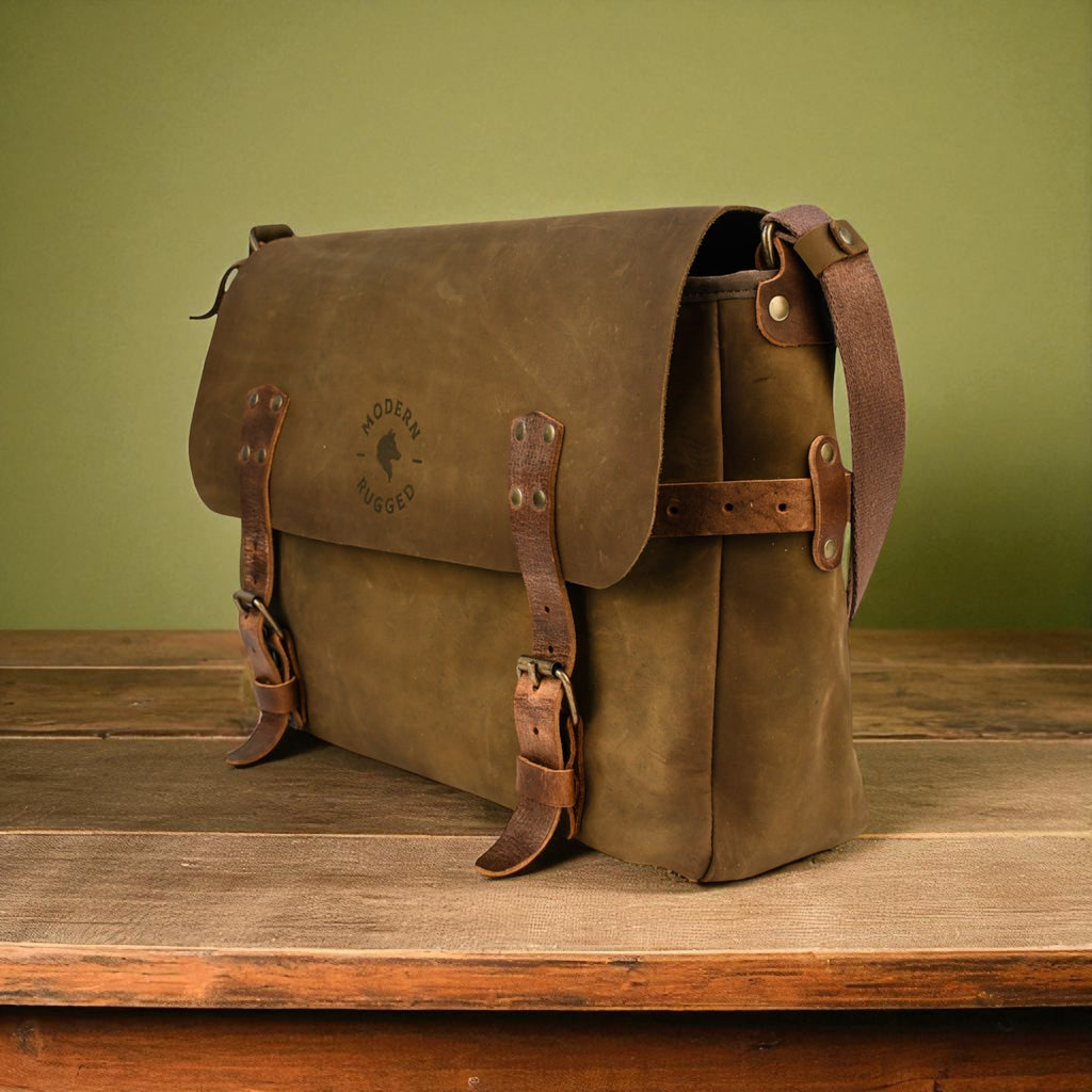 olive leather satchel bag on a wooden surface with a green background