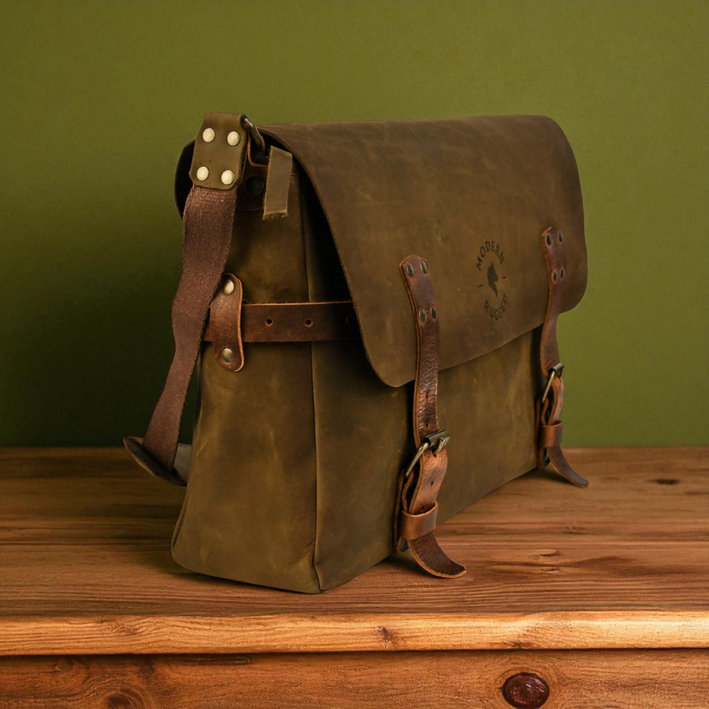 Olive leather bag with strap on a wooden surface against a green wall