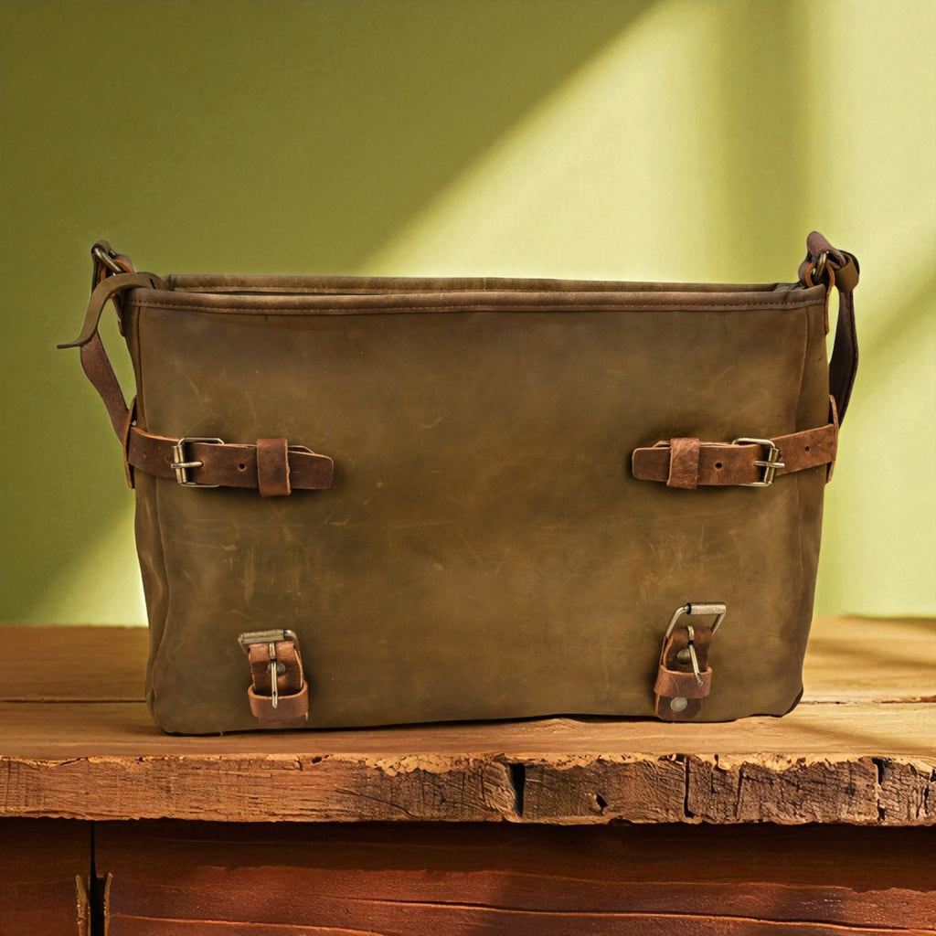 olive leather bag with buckles on a wooden surface against a green wall