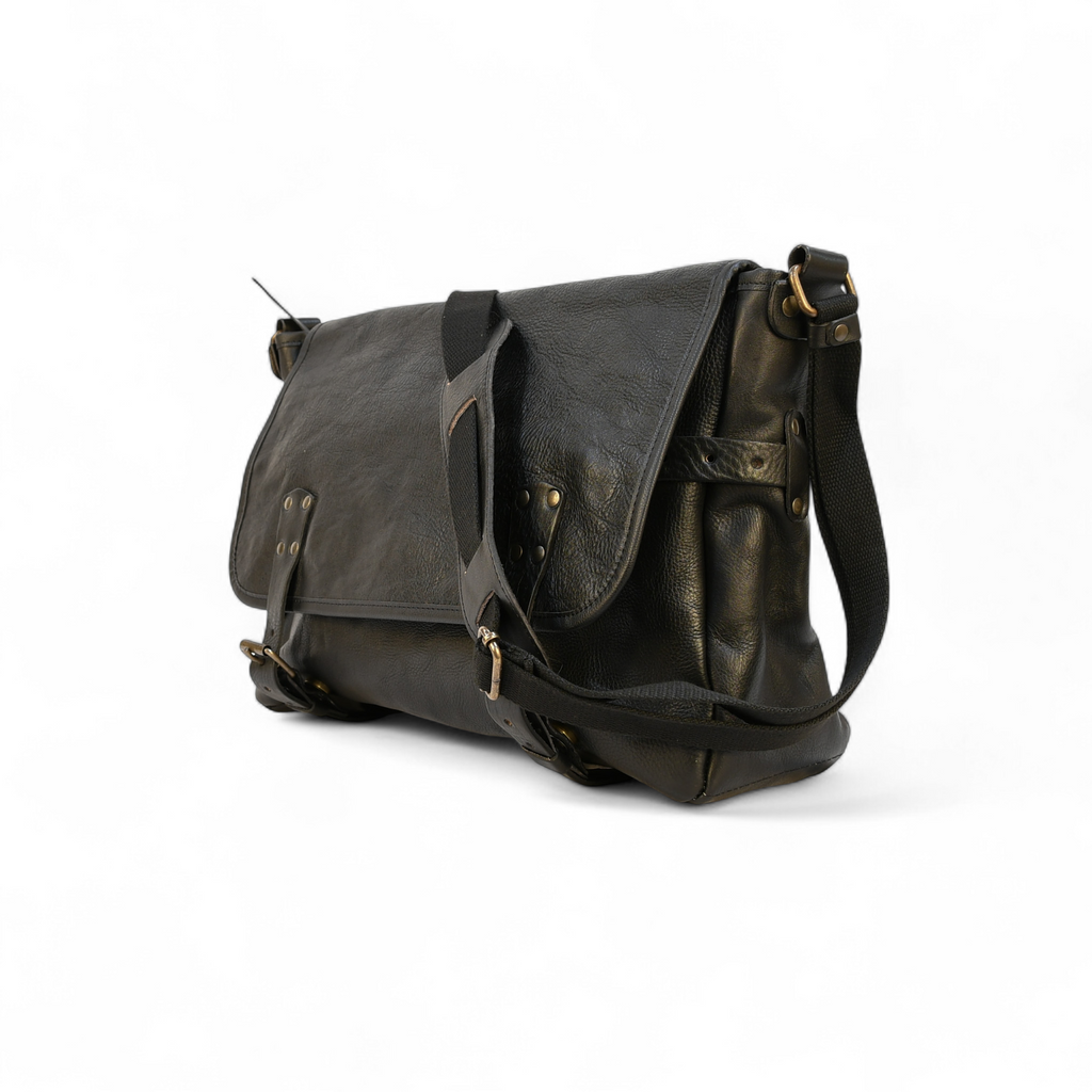 Bovine Leather "Courier" Messenger Bag - Black on a wooden surface