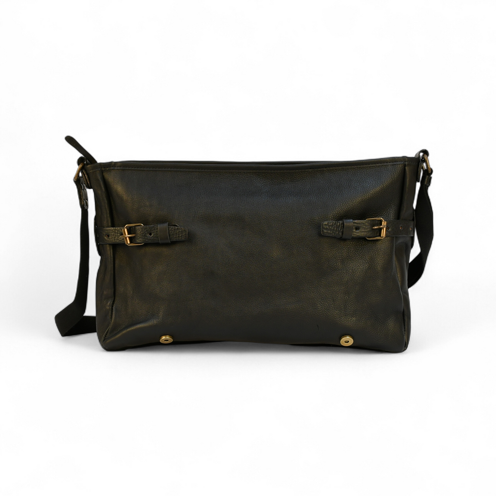 Bovine Leather "Courier" Messenger Bag - Black on a wooden surface