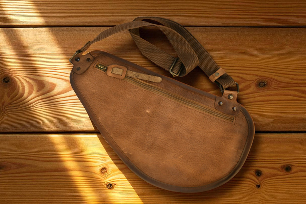Brown leather bag on a wooden surface
