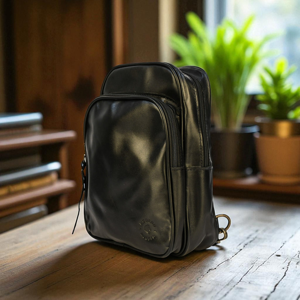 Black leather sling bag on a wooden table with plants in the background