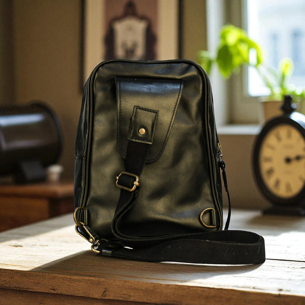 Black leather sling bag on a wooden surface with a blurred background