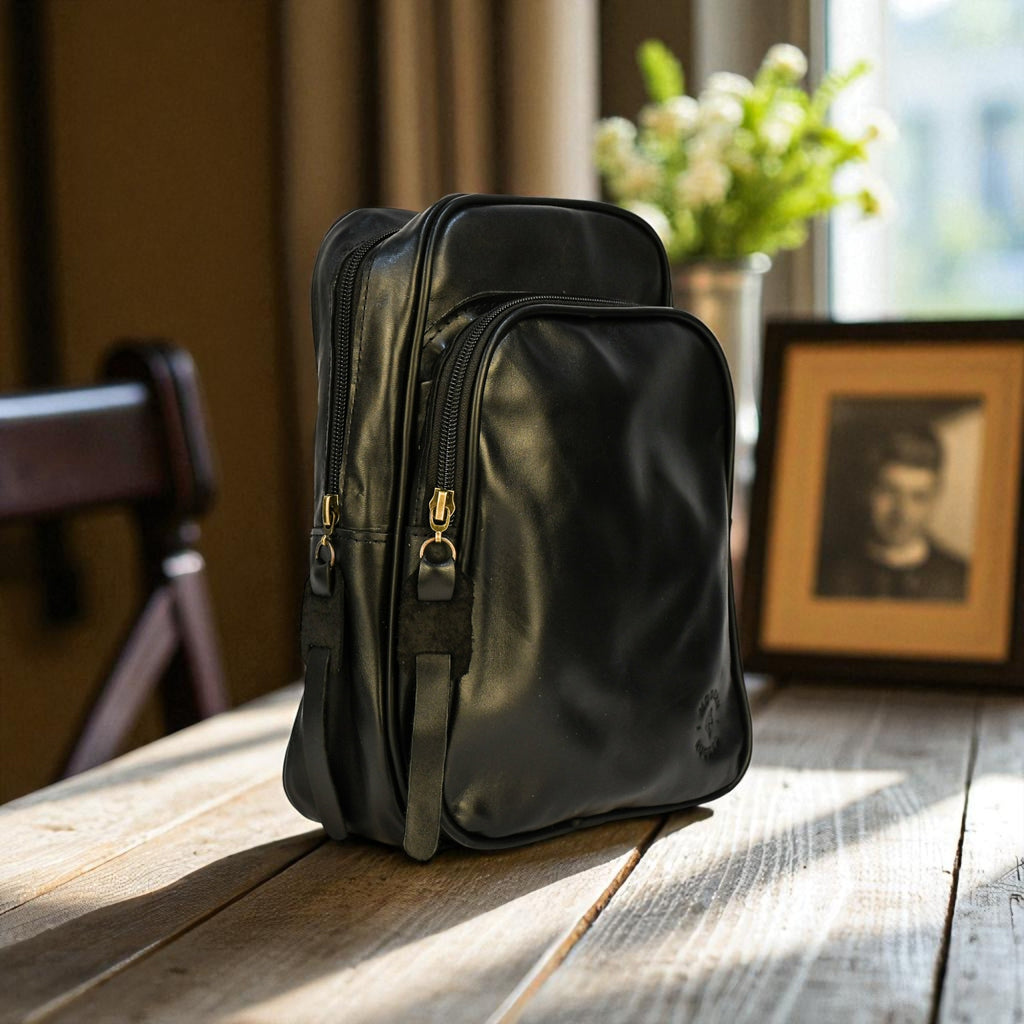 black leather sling bag on a wooden table with a blurred background