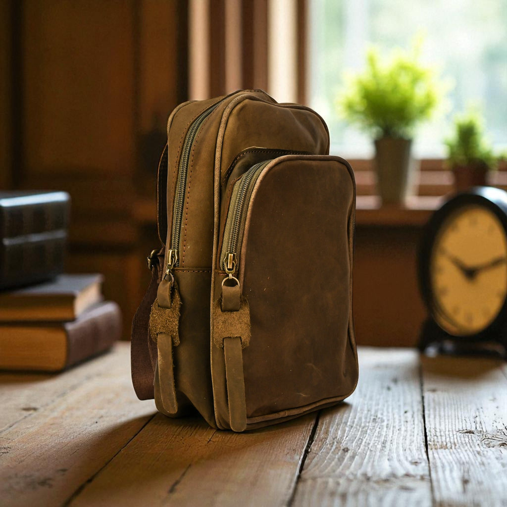 olive leather bag on a wooden surface with books and a clock in the background