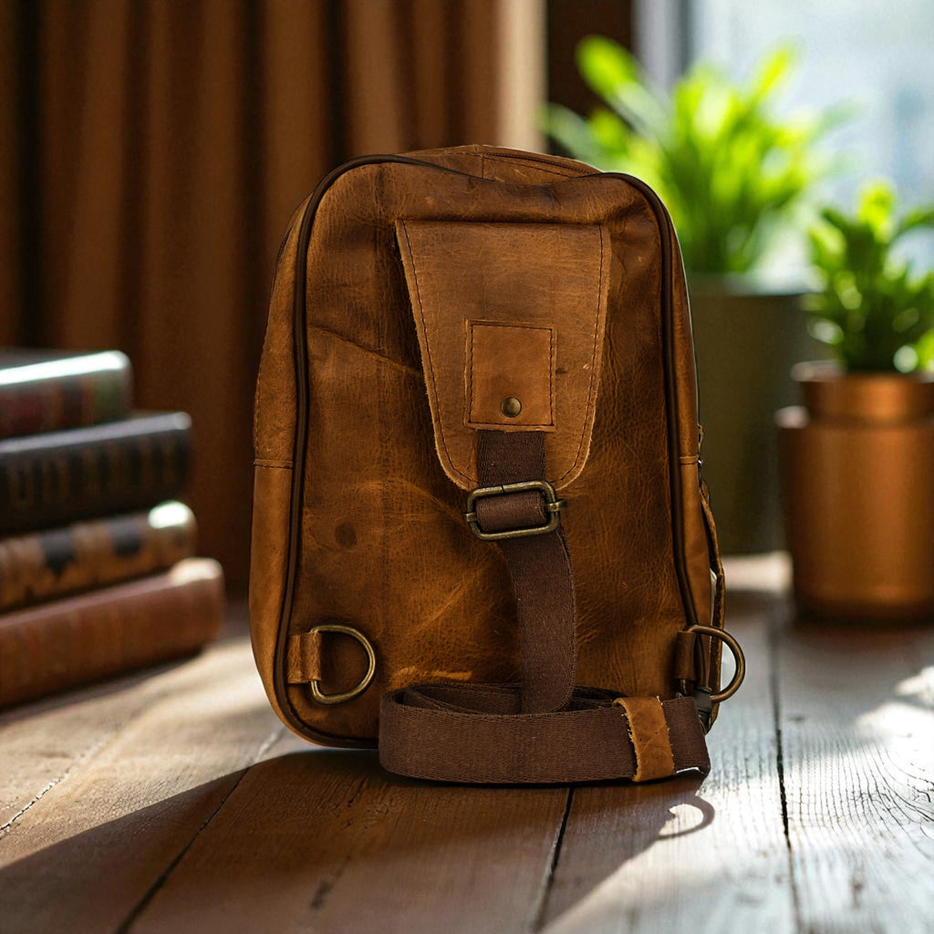 Brown leather backpack on a wooden surface with books and plants in the background
