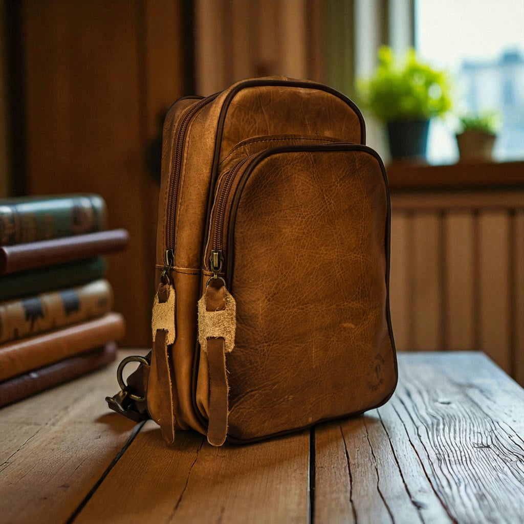 Brown leather backpack on a wooden surface with books and plants in the background