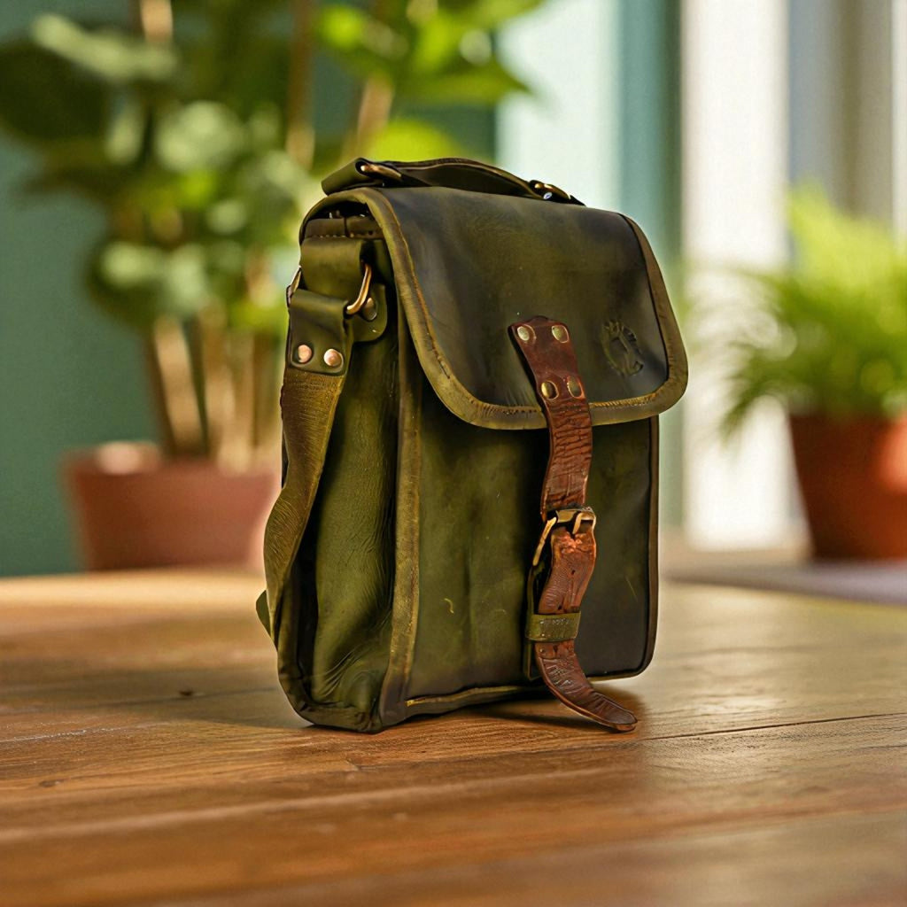 Green leather bag on a wooden surface with plants in the background