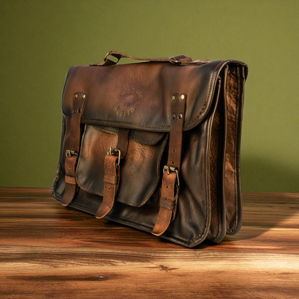 Brown leather laptop bag on a wooden surface with a green background