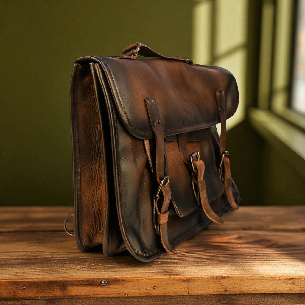 Brown leather laptop bag on a wooden surface with a blurred green wall background