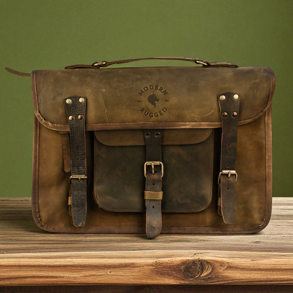 olive leather satchel bag with 'Modern Rugged' branding on a wooden surface with a green background