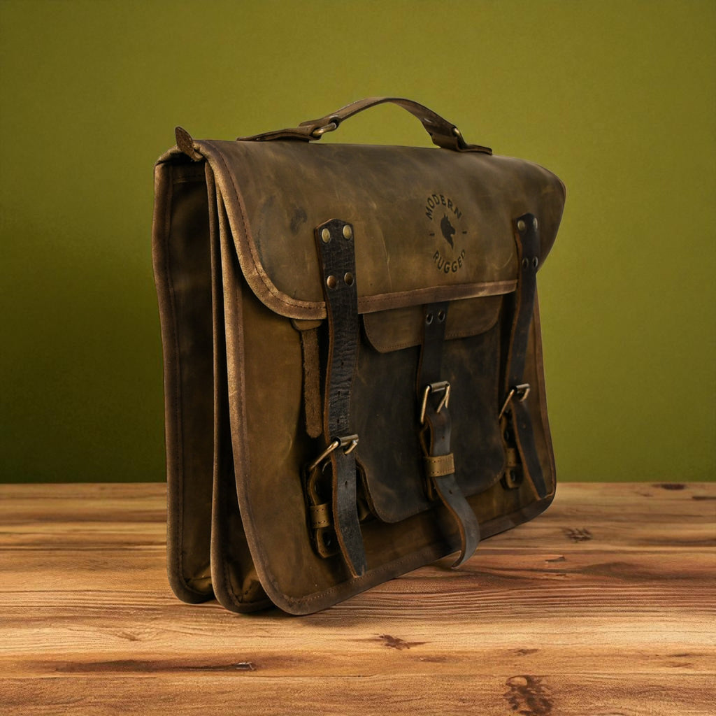 Brown leather satchel bag on a wooden surface with a green background