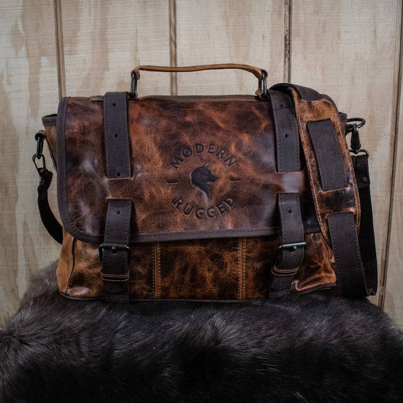 Leather Hide Laptop Bag- Rustic Chestnut and Dark Brown (Buckles)