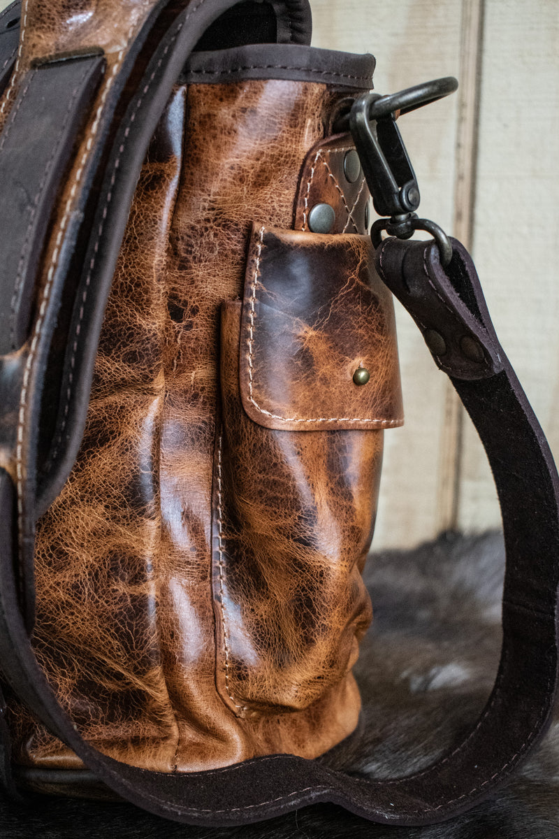 Leather Hide Laptop Bag- Rustic Chestnut and Dark Brown (Buckles)