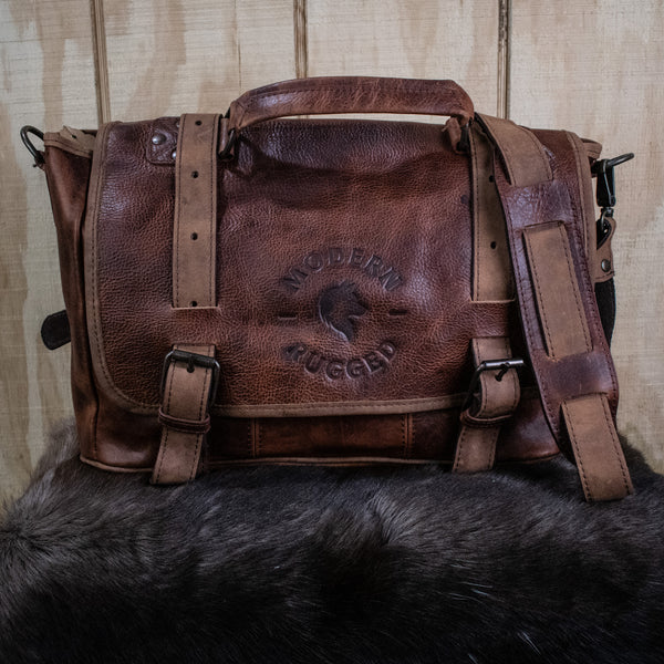 Leather Hide Laptop Bag- Rustic Walnut and Brown (Buckles)