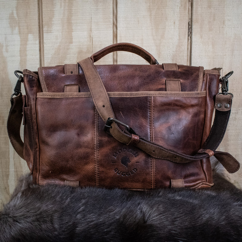 Leather Hide Laptop Bag- Rustic Walnut and Brown (Buckles)