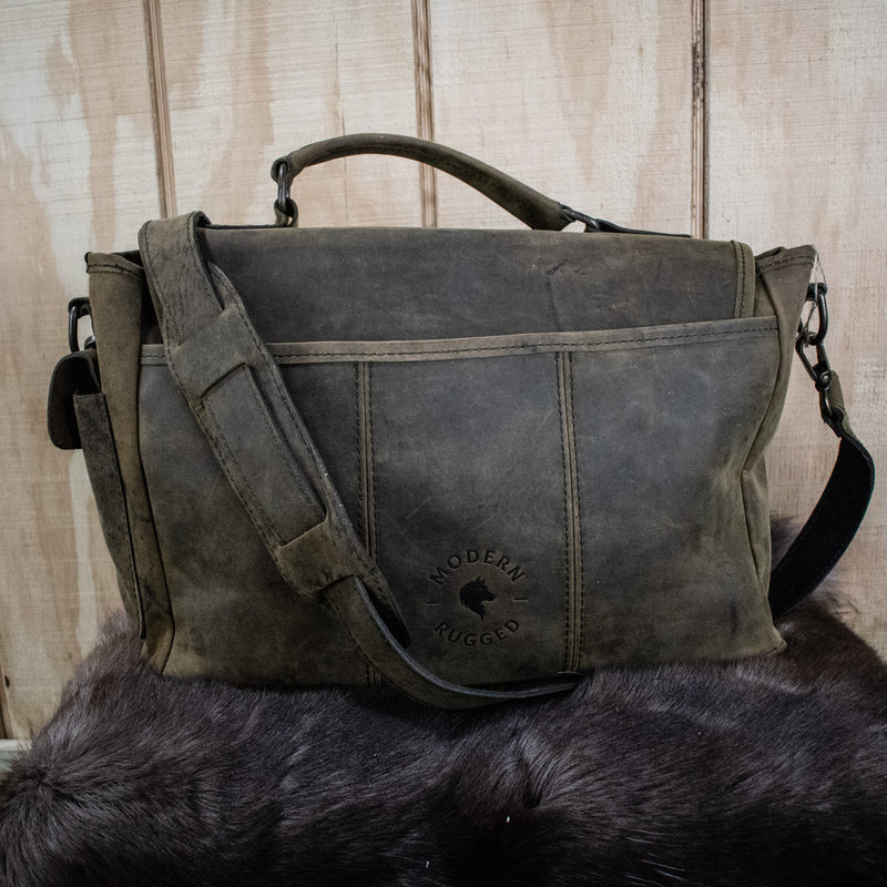 Leather Hide Laptop Bag- Olive (Clasps)