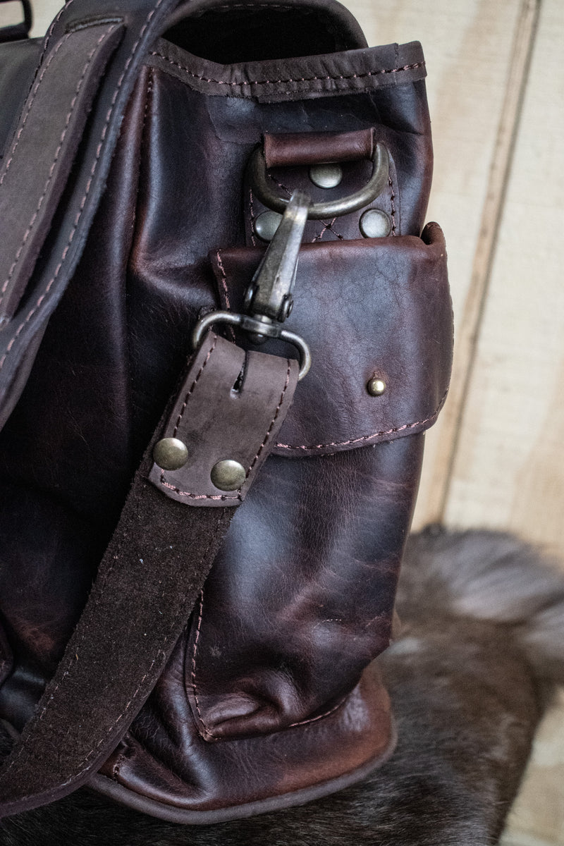 Leather Hide Laptop Bag- Rustic Mahogany and Brown (Clasps)