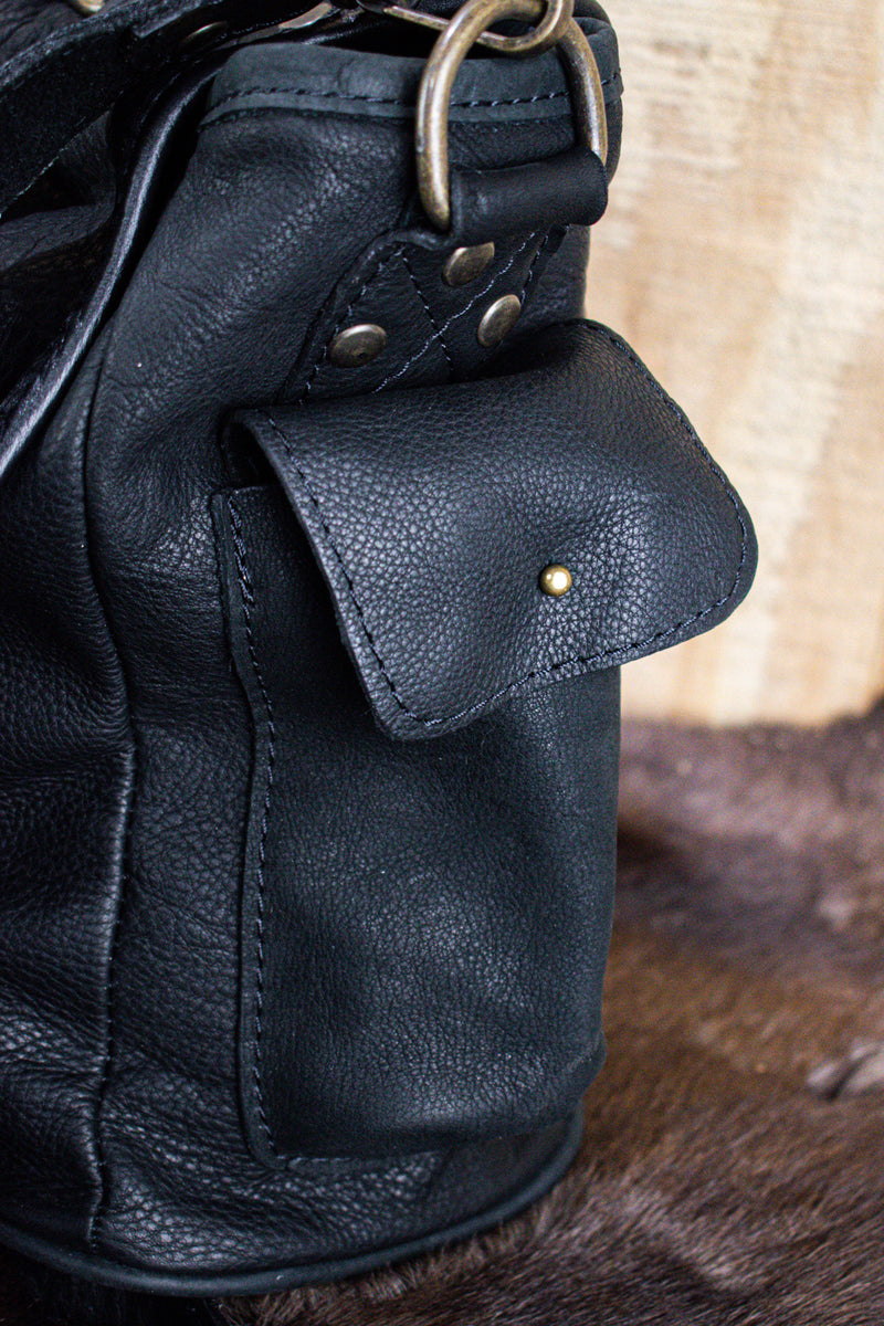 Leather Hide Laptop Bag- Black (Buckles)