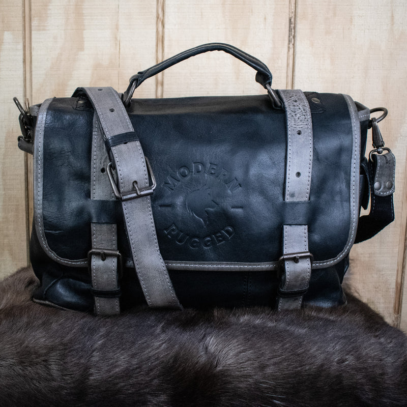 Leather Hide Laptop Bag- Black and Grey (Buckles)