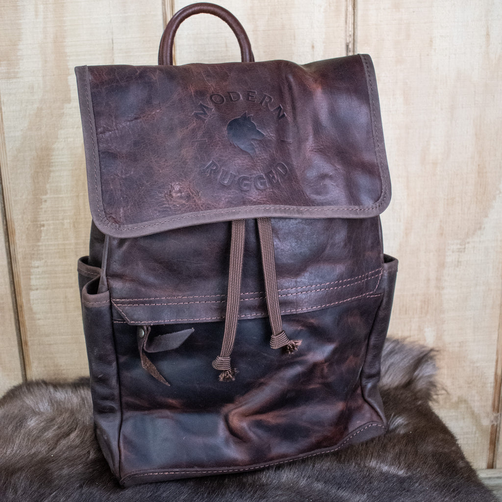 Leather Hide Backpack - Mahogany and Brown (Rustic) leather backpack with Modern Rugged logo 