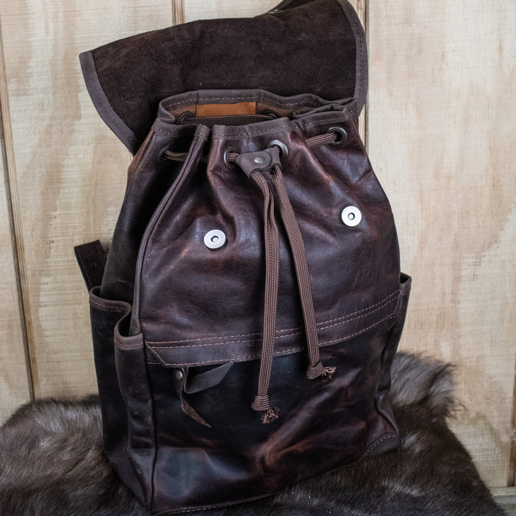 Leather Hide Backpack - Mahogany and Brown (Rustic) leather backpack with Modern Rugged logo 