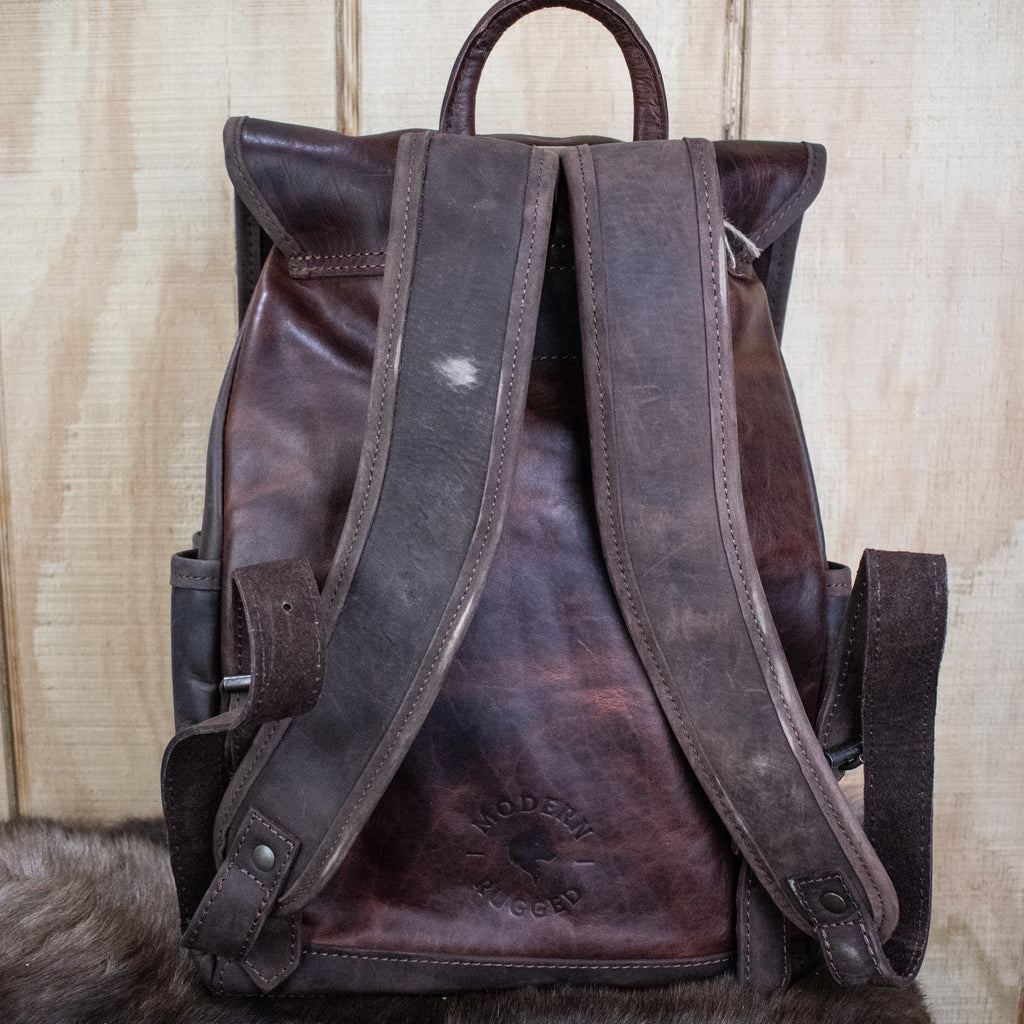 Leather Hide Backpack - Mahogany and Brown (Rustic) leather backpack with Modern Rugged logo 