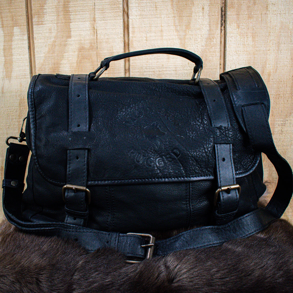Black Leather Hide Modern Rugged laptop bag with lifetime warranty on hardware and stitching