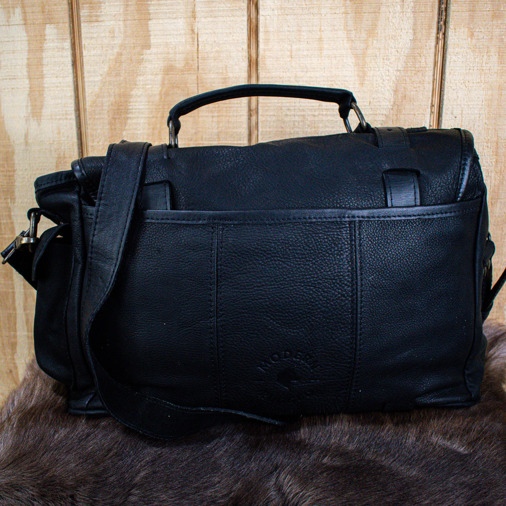 Black Leather Hide Modern Rugged laptop bag with lifetime warranty on hardware and stitching