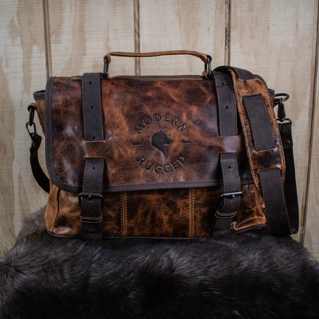 Rustic chestnut and dark brown buckled laptop bag from Modern Rugged