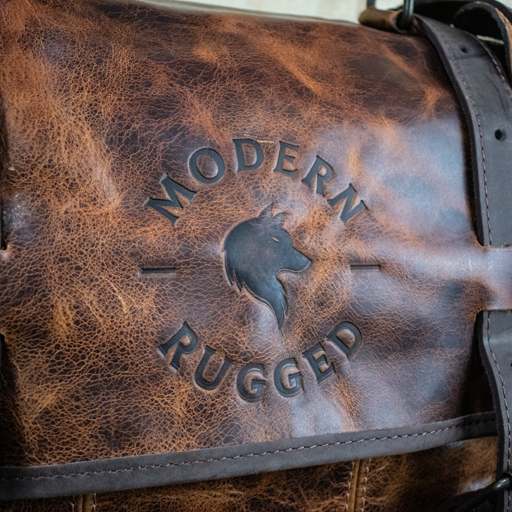 Rustic chestnut and dark brown buckled laptop bag from Modern Rugged