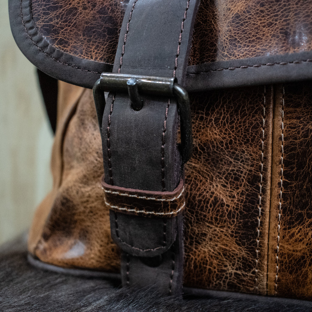 Rustic chestnut and dark brown buckled laptop bag from Modern Rugged