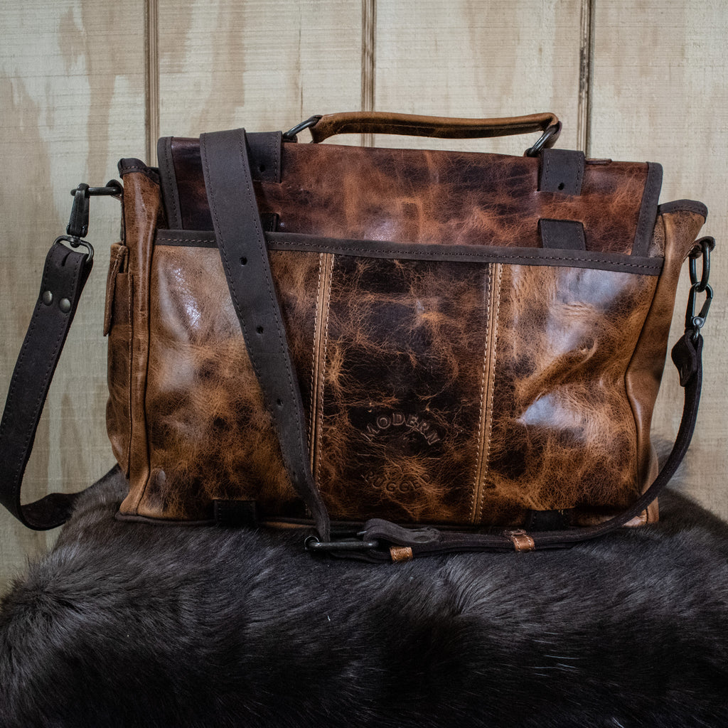 Rustic chestnut and dark brown buckled laptop bag from Modern Rugged