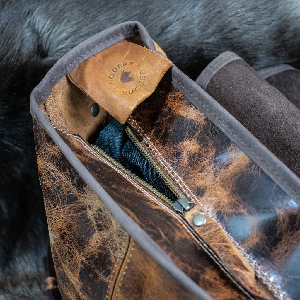 Rustic chestnut and dark brown buckled laptop bag from Modern Rugged