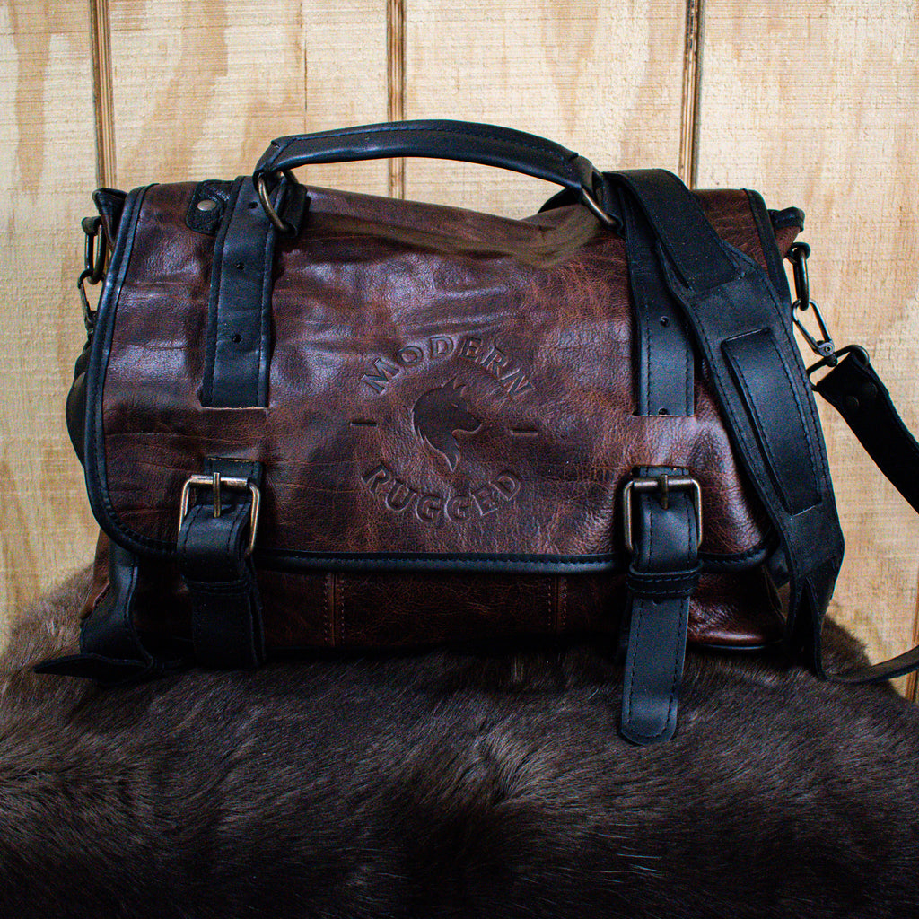 Rustic Merlot and Black Leather Hide Buckled laptop bag from Modern Rugged Leather