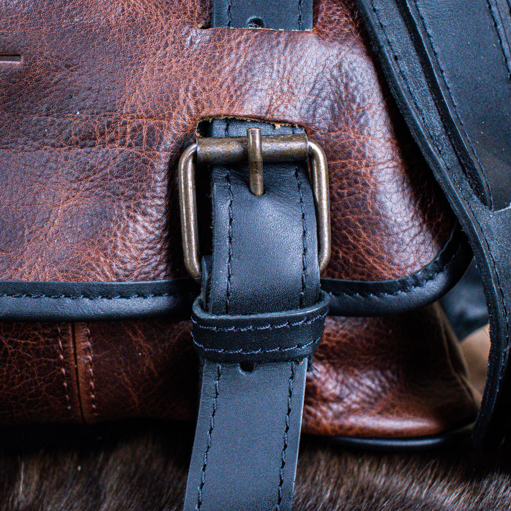 Rustic Merlot and Black Leather Hide Buckled laptop bag from Modern Rugged Leather