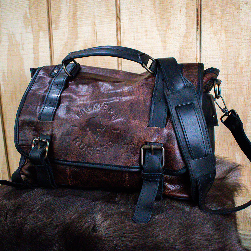 Rustic Merlot and Black Leather Hide Buckled laptop bag from Modern Rugged Leather