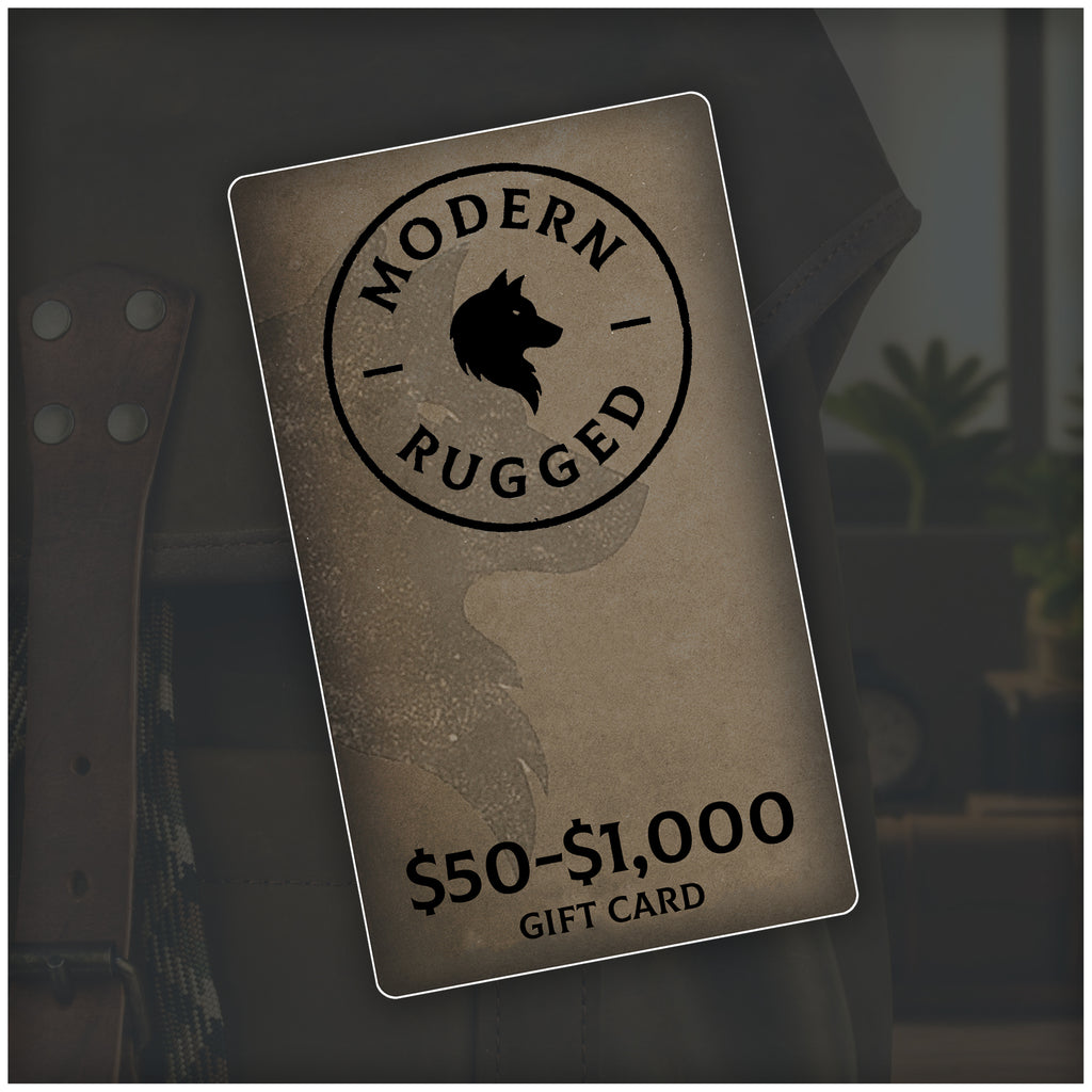 Modern Rugged leather gift card with a brown background and black text.