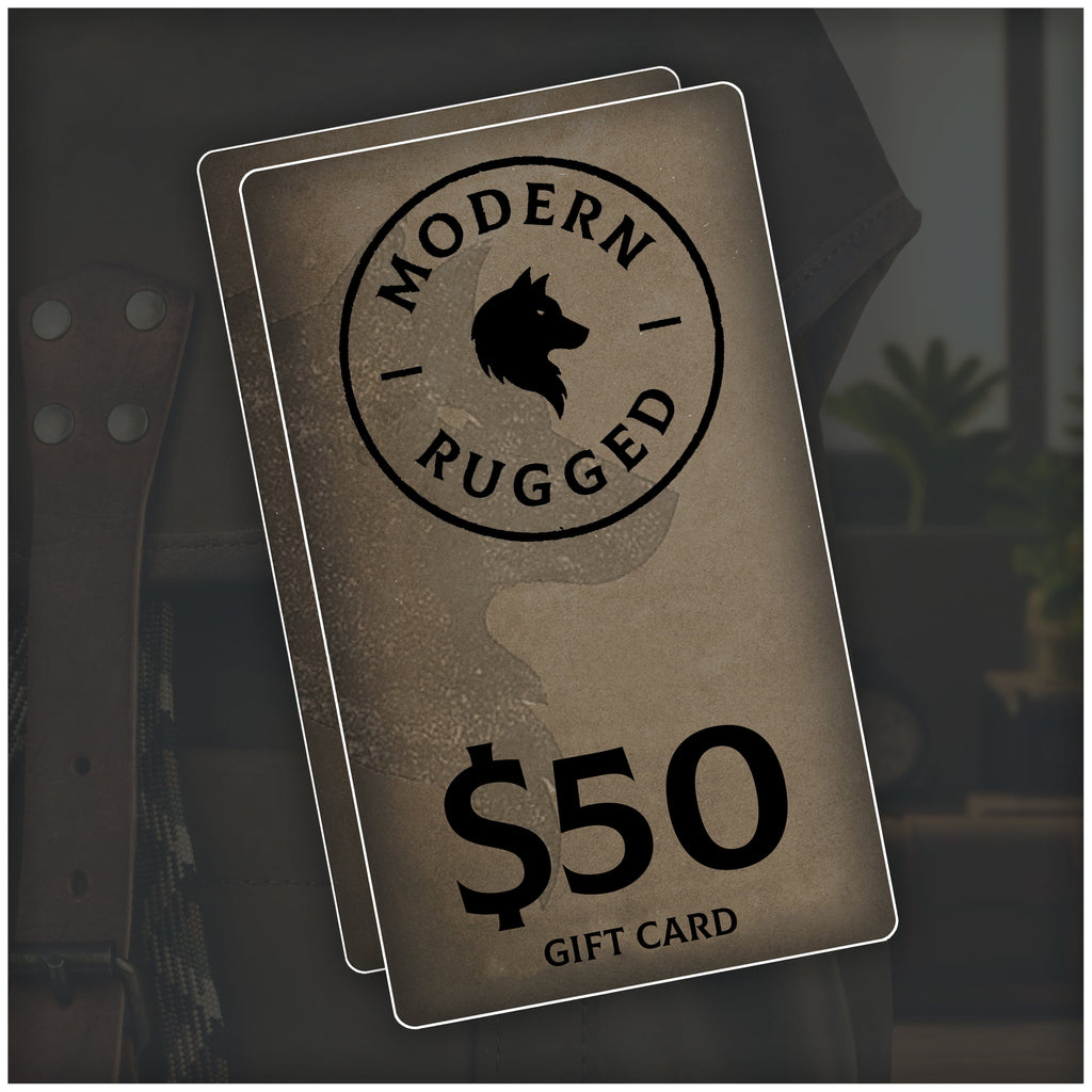 Modern Rugged $50 gift card with a leather belt in the background