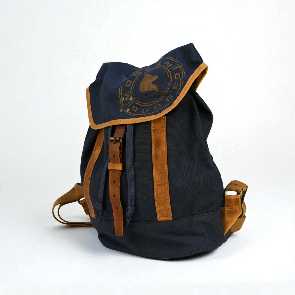 Black backpack with brown accents on a white background