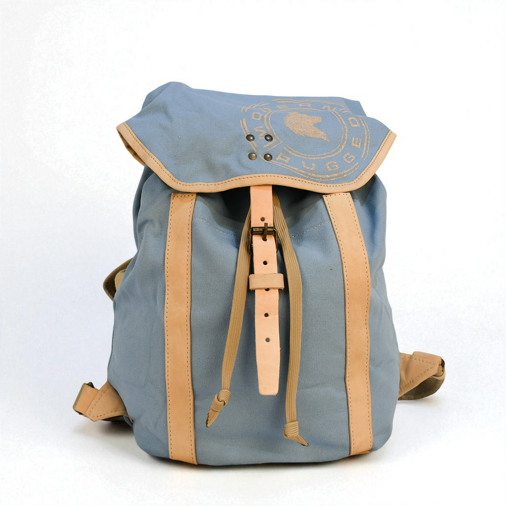Gray backpack with tan straps and logo on a white background